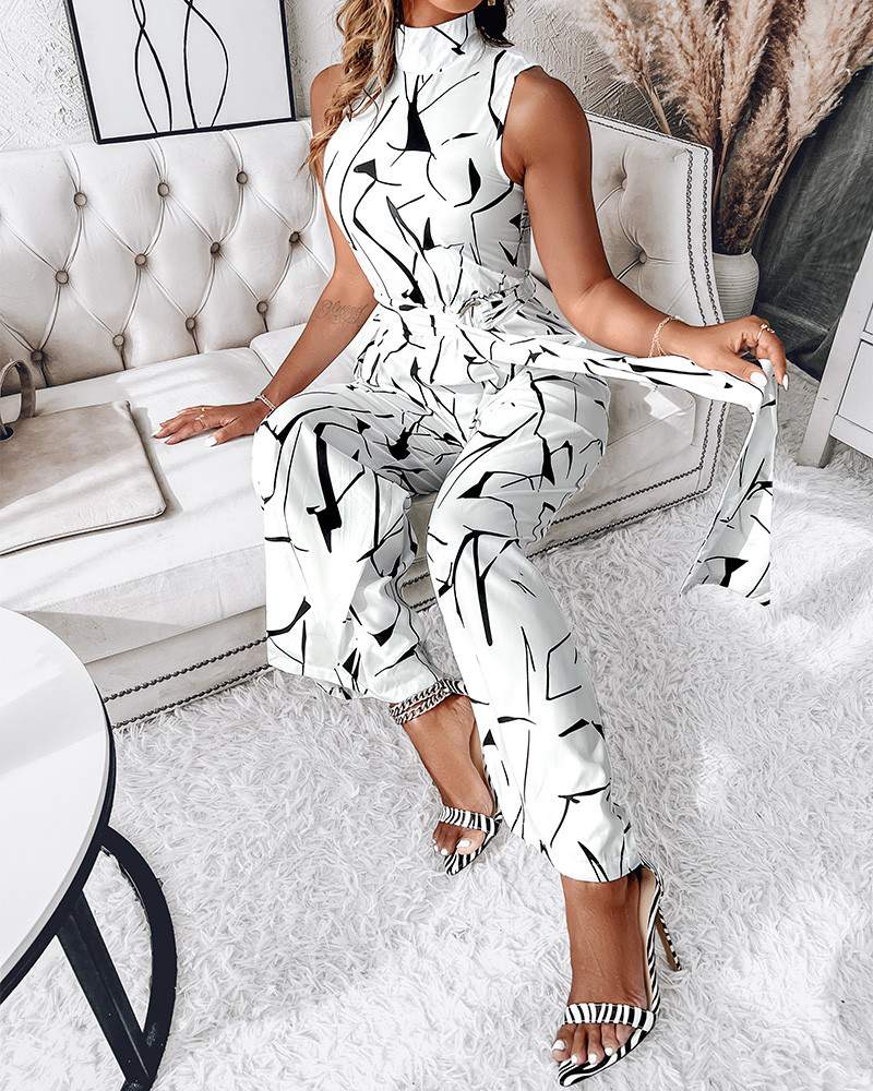 NEW ABSTRACT PRINT SLEEVELESS WIDE LEG BELTED JUMPSUIT