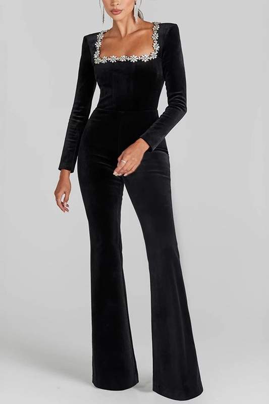 VELVET EMBELLISHED SQUARE NECK JUMPSUIT