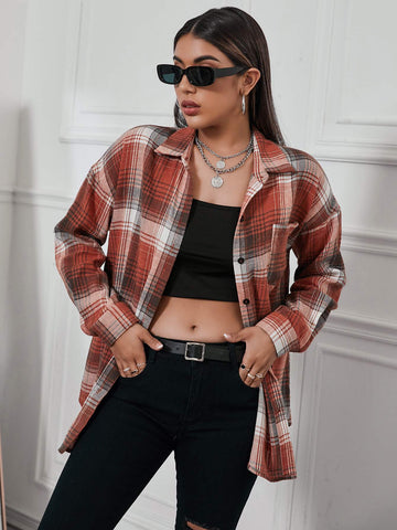 PLAID DROP SHOULDER BUTTON UP POCKET FRONT BLOUSE