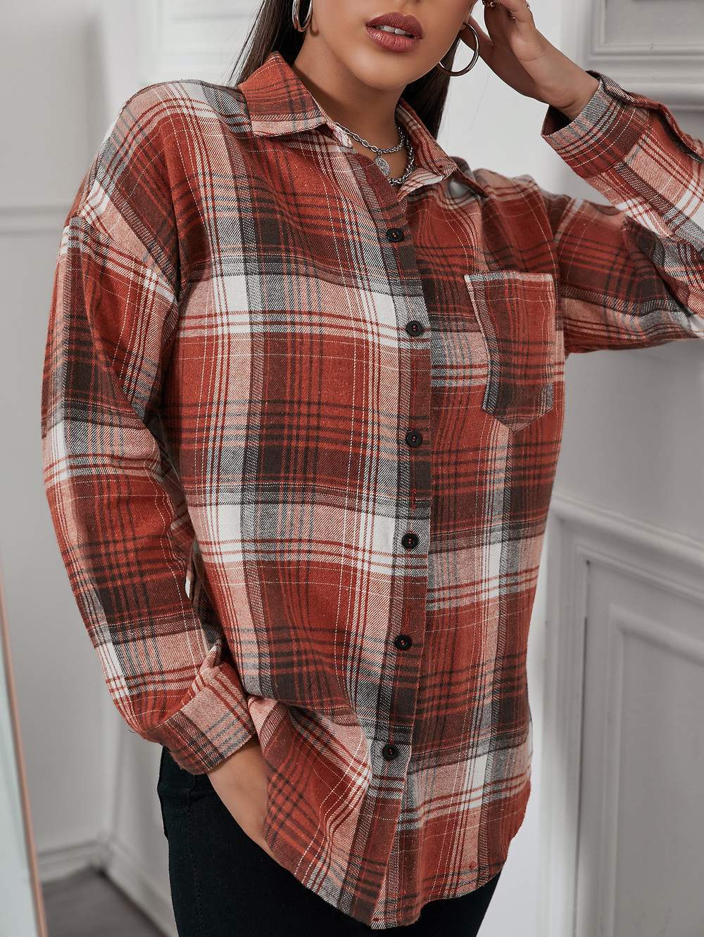 PLAID DROP SHOULDER BUTTON UP POCKET FRONT BLOUSE