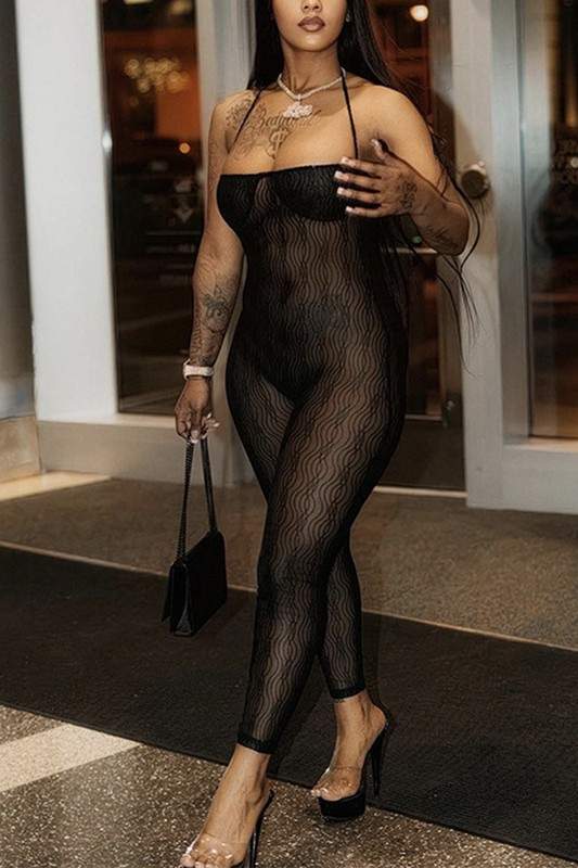 HALTER LACE MESH JUMPSUIT