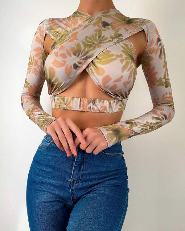 PLANTS PRINT CRISS CROSS CUTOUT CROP TOP