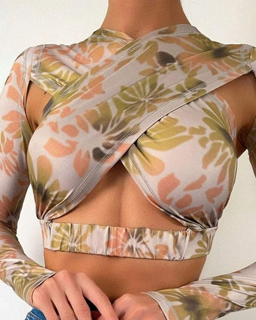 PLANTS PRINT CRISS CROSS CUTOUT CROP TOP