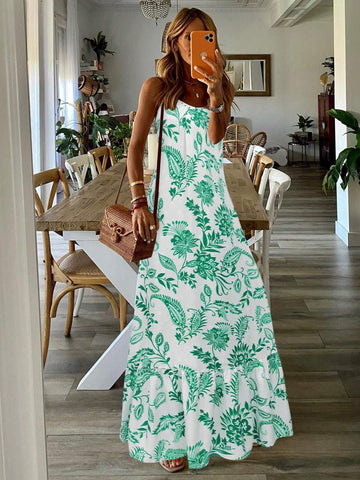 HOLIDAY PLANT PRINTED MAXI LENGTH STRAPPY DRESS