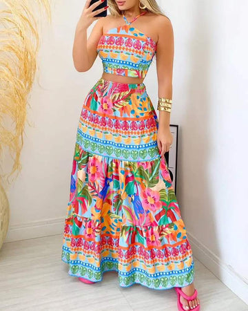 TROPICAL PRINT HALTER TOP MAXI SKIRT SET