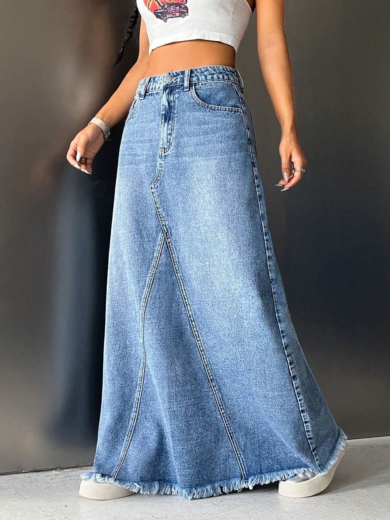 ICON HIGH WAIST RAW HEM MAXI DENIM SKIRT