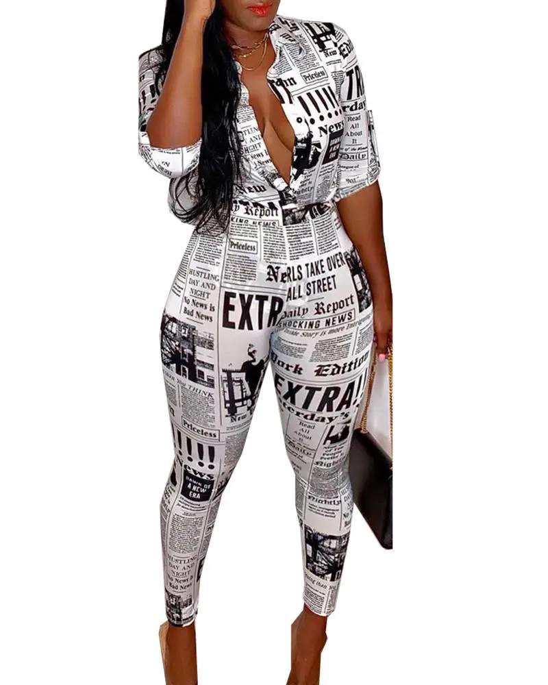 NEWSPAPER PRINT BUTTONED HALF SLEEVE SKINNY JUMPSUIT