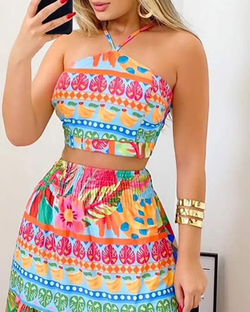 TROPICAL PRINT HALTER TOP MAXI SKIRT SET