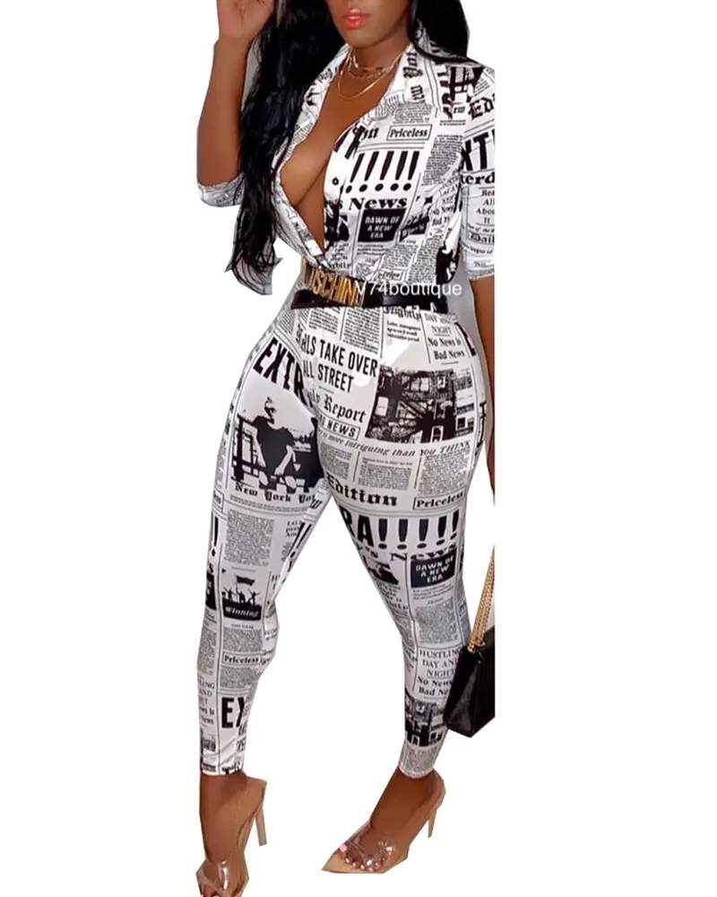 NEWSPAPER PRINT BUTTONED HALF SLEEVE SKINNY JUMPSUIT