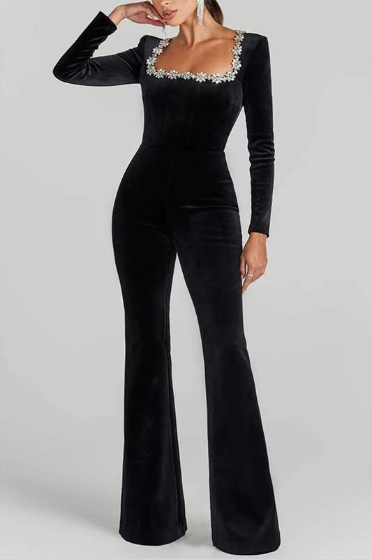 VELVET EMBELLISHED SQUARE NECK JUMPSUIT