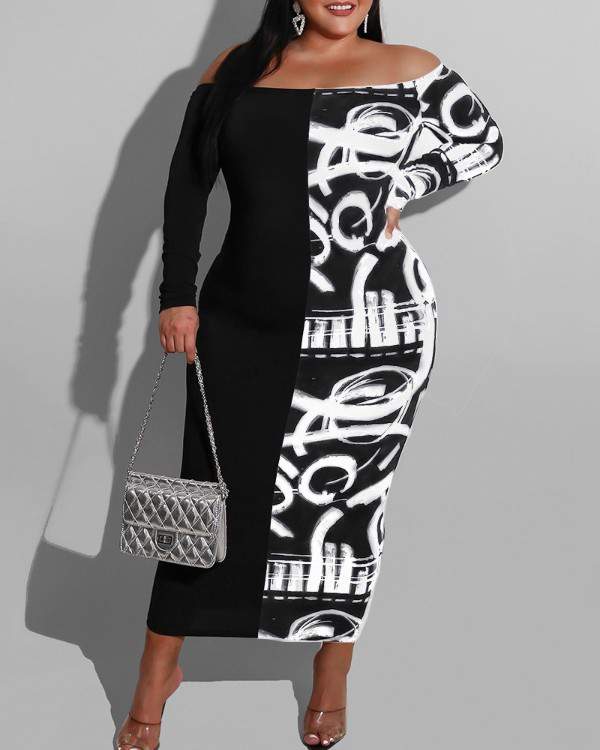 Plus Size Colorblock Off Shoulder Long Sleeve Maxi Dress