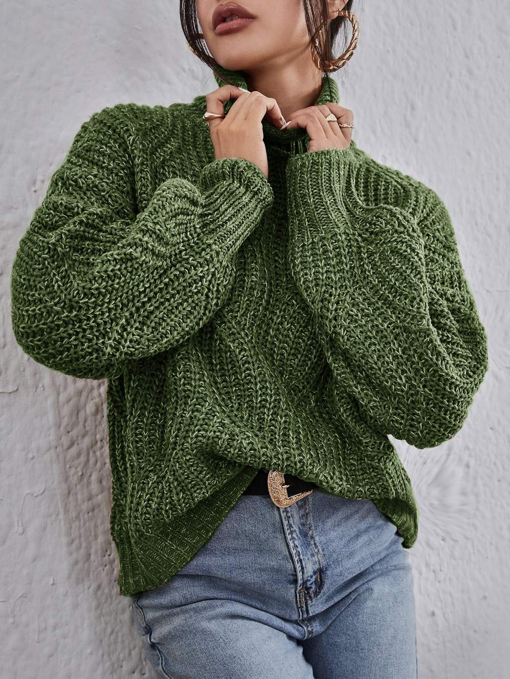 HIGH NECK DROP SHOULDER MARLED SWEATER