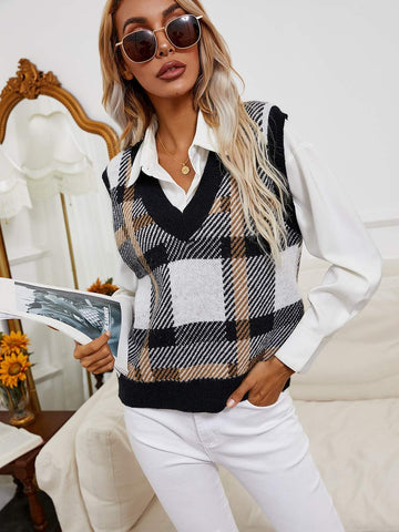 PLAID PATTERN SWEATER VEST WITHOUT BLOUSE