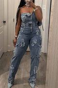 DISTRESSED DENIM CROSS PATCHES JUMPSUIT