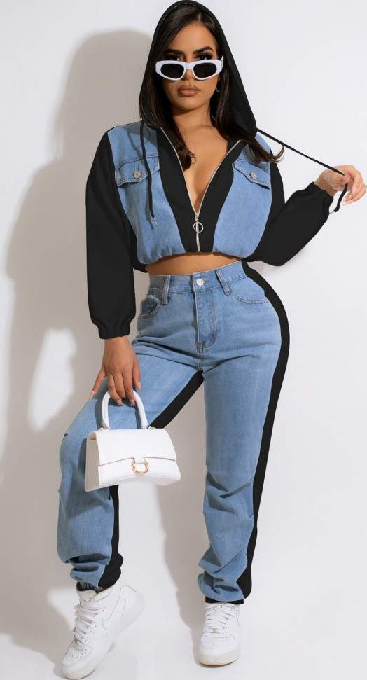 CASUAL PATCHWORK DENIM HOODIE LONG SLEEVE PANTS SET