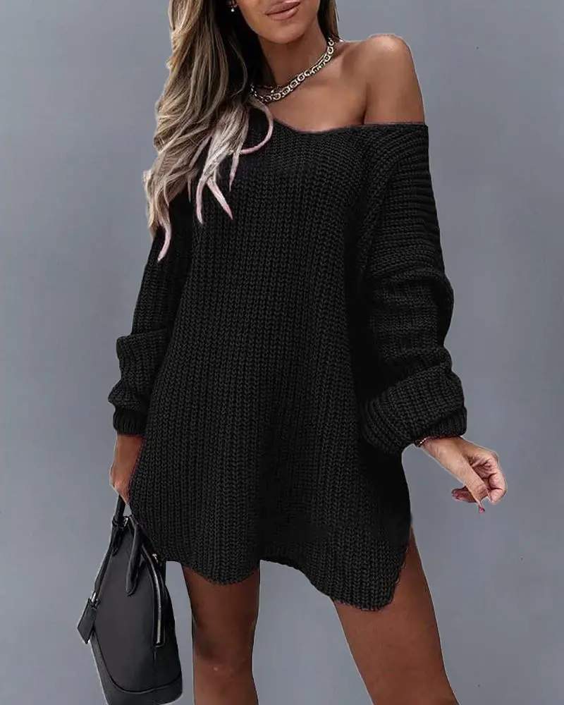 LONG SLEEVE SLIT ROUND NECK CASUAL DRESS