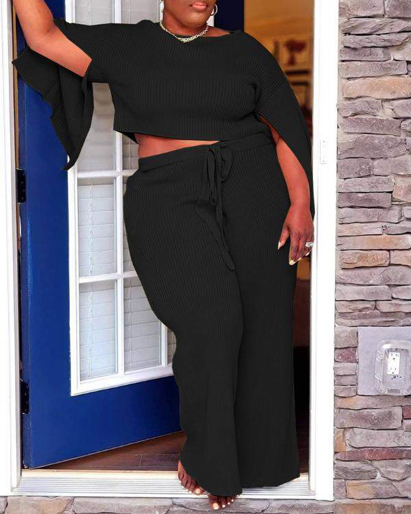 NEW Plus Size Ribbed Split Sleeve Crop Top Drawstring Pocket Pants Set