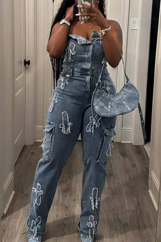 DISTRESSED DENIM CROSS PATCHES JUMPSUIT