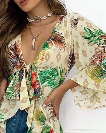 TROPICAL PRINT TIE FRONT BELL SLEEVE TOP