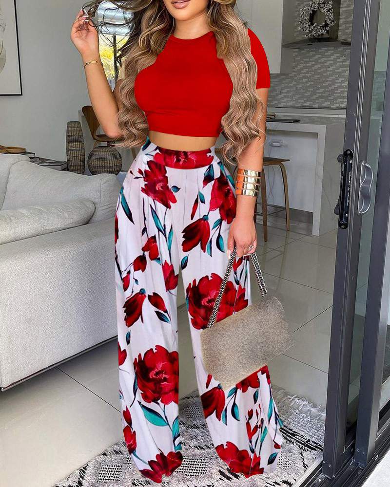 Oneck Top Floral Print Wide Leg Pants Set