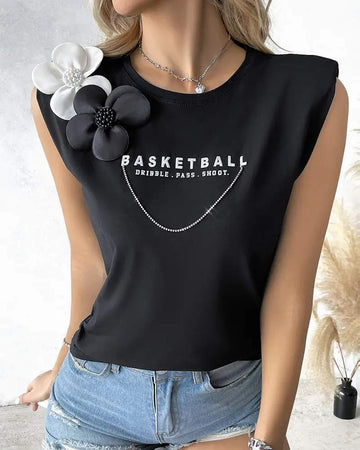 FLORAL PATTERN BASKETBALL DRIBBLE PASS SHOOT PRINT TANK TOP