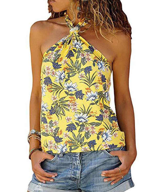 Floral Graphic Print Halter Tied Detail Top