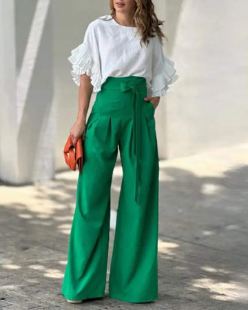 TIED DETAIL HIGH WAIST WIDE LEG PANTS