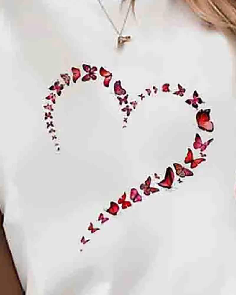 BUTTERFLY HEART PATTERN PRINT T SHIRT