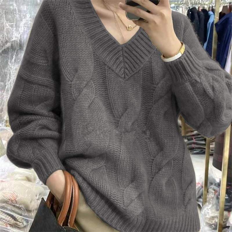 V NECK TWIST PULLOVER SWEATER LOOSE LAZY  PULLOVER SWEATER