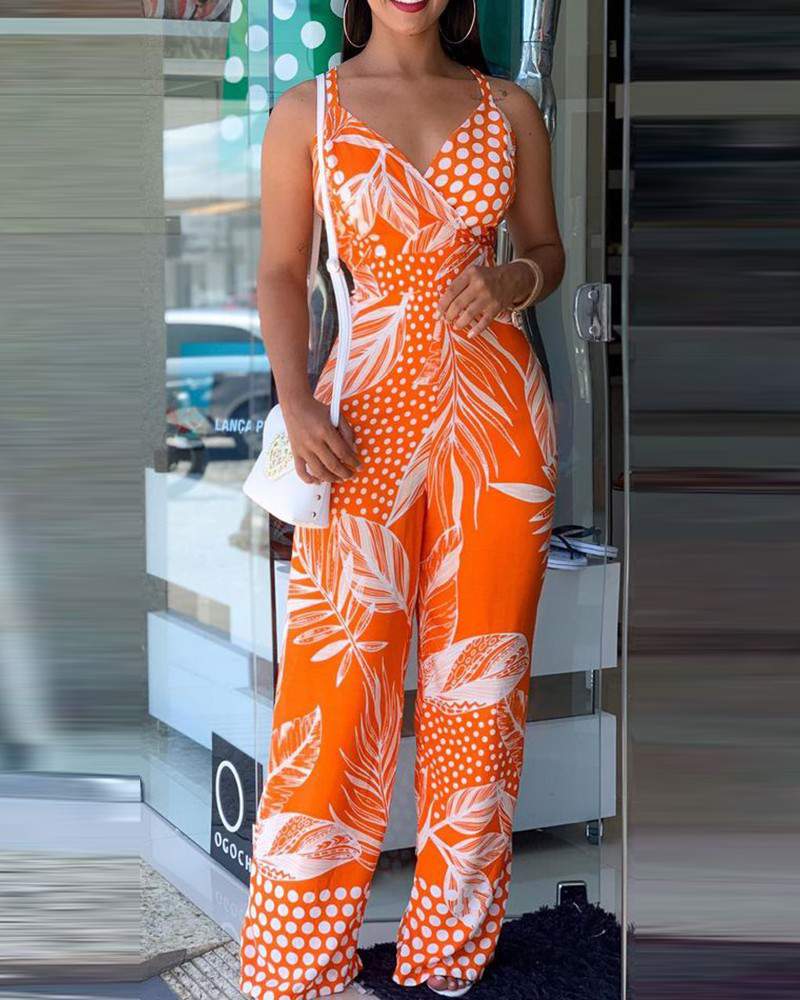 Tropical Print Spaghetti Strap Jumpsuit