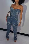 DISTRESSED DENIM CROSS PATCHES JUMPSUIT