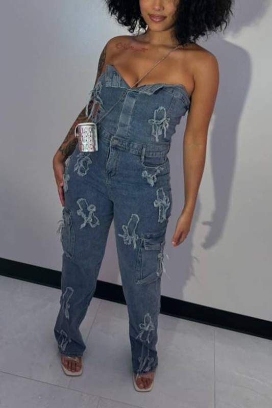 DISTRESSED DENIM CROSS PATCHES JUMPSUIT