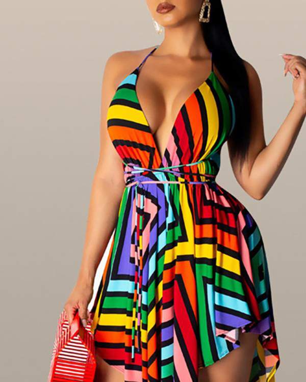 VNeck Backless Colorful Striped Irregular Dress