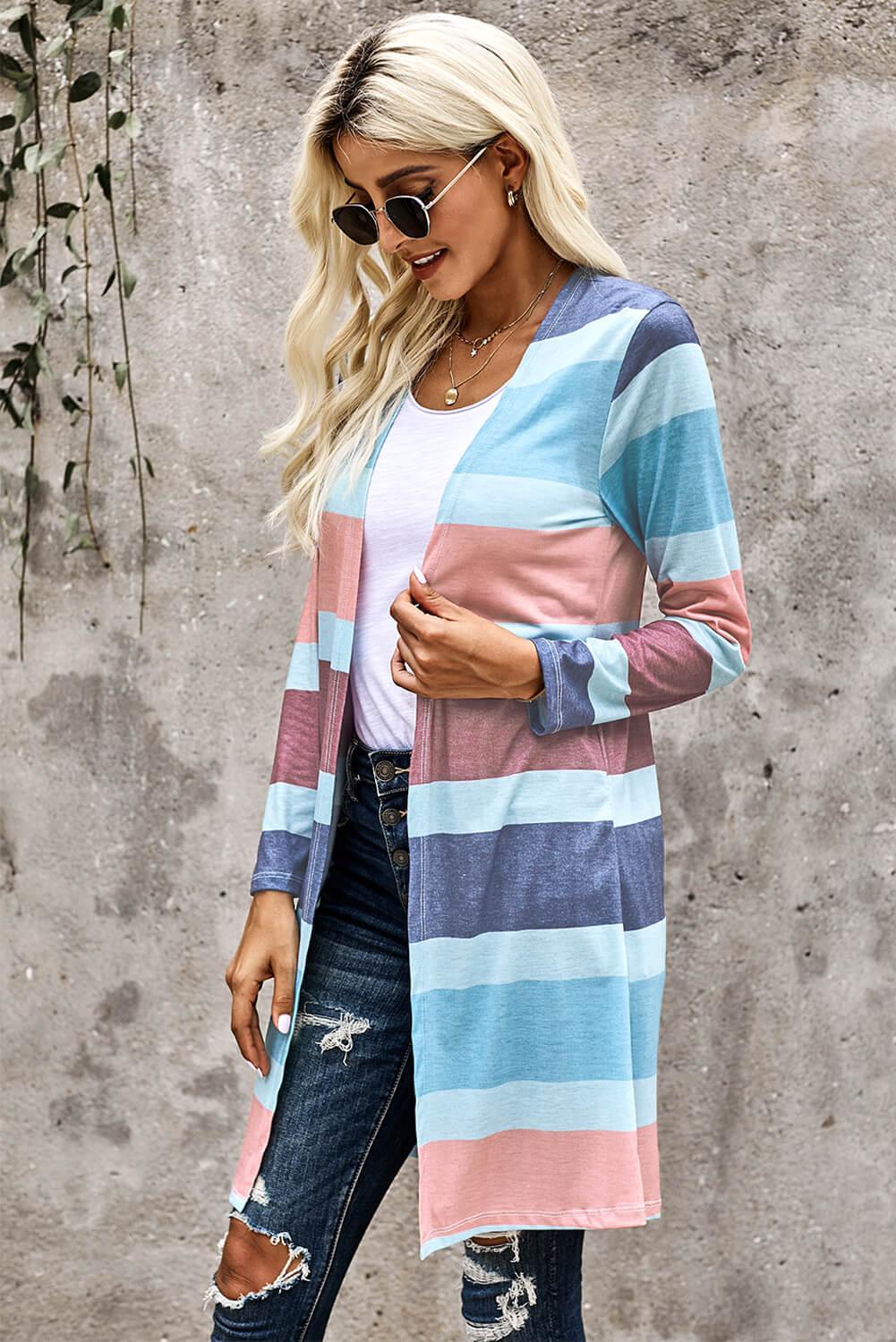 Multi Color Stripe Textured Open Cardigan