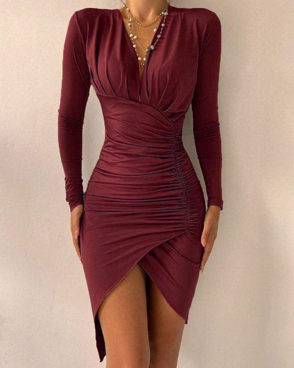 NEW Asymmetrical Ruched Long Sleeve Party Dress