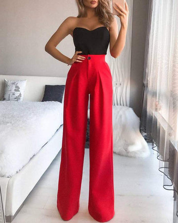 Single Button High Waist Wide Leg Pants