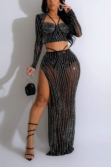 RHINESTONE CROP TOP AND LONG SKIRT SET