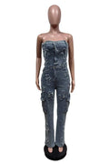 DISTRESSED DENIM CROSS PATCHES JUMPSUIT