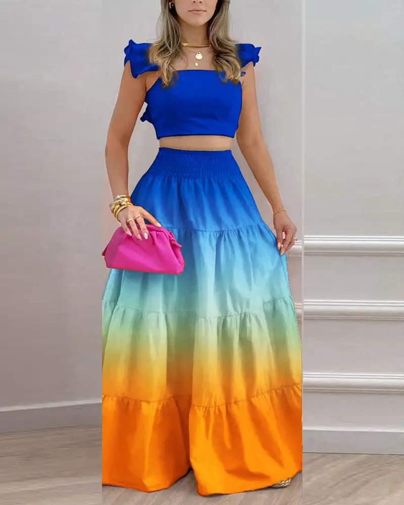 OMBRE SHIRRED CROP TOP SKIRT SET