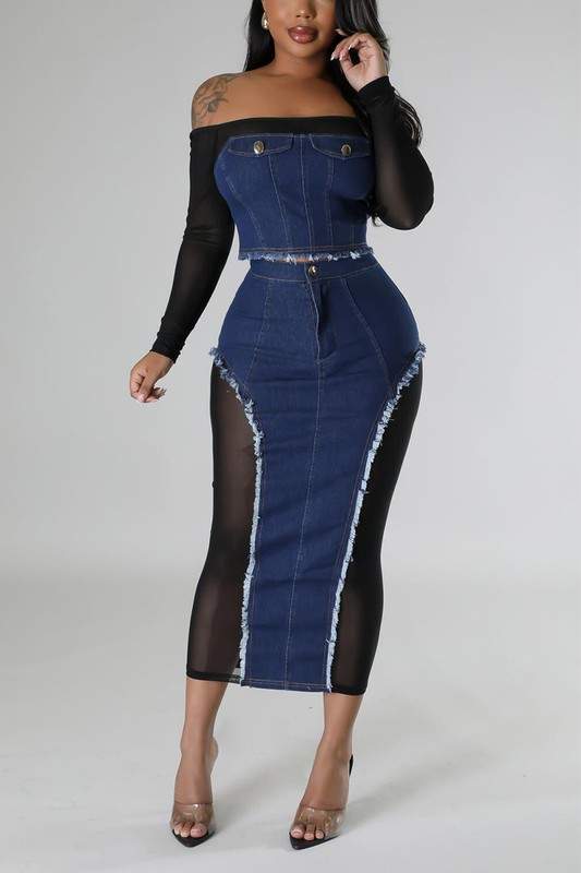 DENIM MESH SHIRT AND SKIRT SET