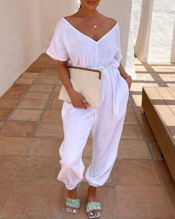 Pocket Design Short Sleeve Casual Jumpsuit