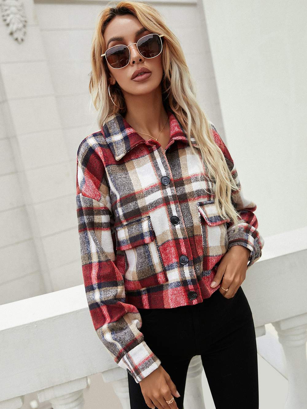 PLAID FLAP POCKET DROP SHOULDER JACKET