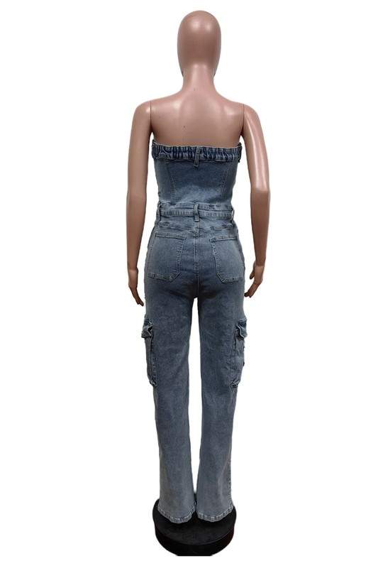 DISTRESSED DENIM CROSS PATCHES JUMPSUIT