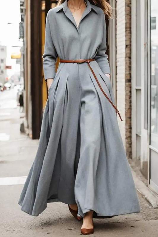 LONG SLEEVE WIDE LEG PLEATED JUMPSUIT