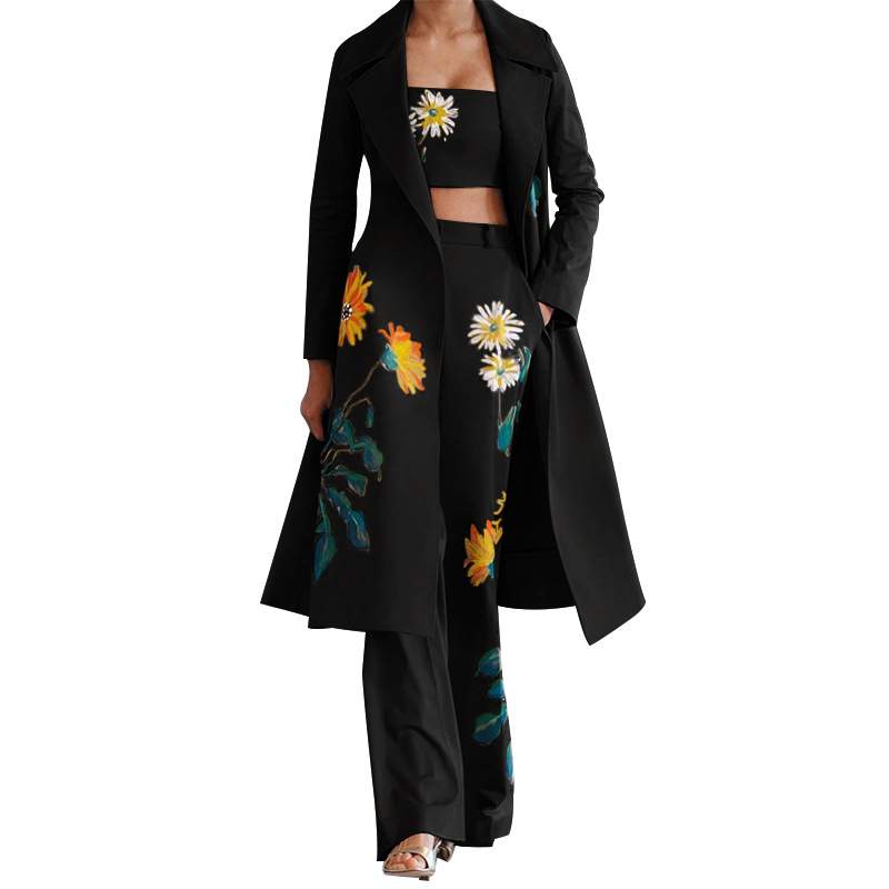 EXPLOSIONS TEMPERAMENT LONG WINDBREAKER PANTS COAT SET WOMEN