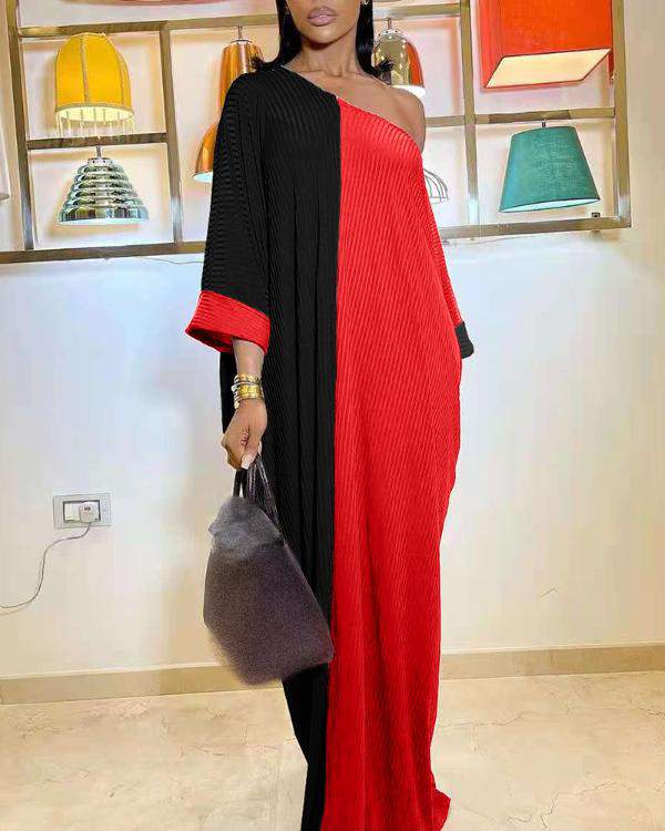 Ribbed One Shoulder Long Sleeve Colorblock Maxi Dress