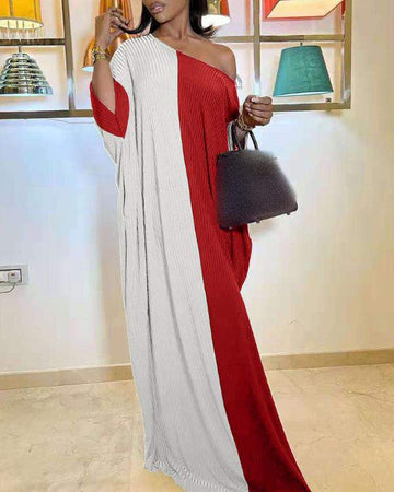 Ribbed One Shoulder Long Sleeve Colorblock Maxi Dress