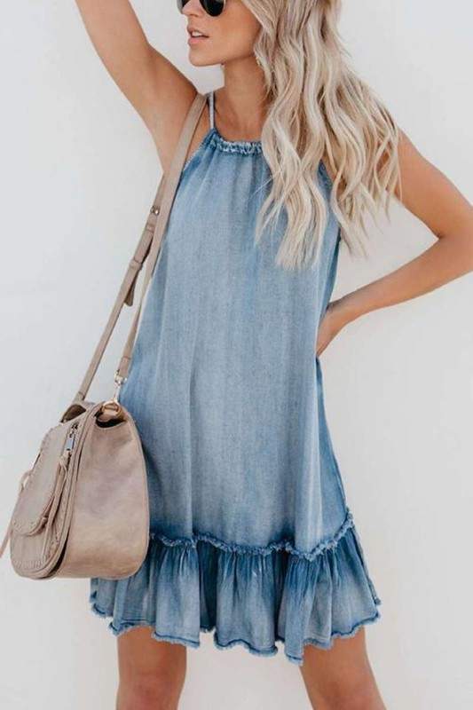 RUFFLE DENIM DRAWSTRING STYLE HALTER DRESS