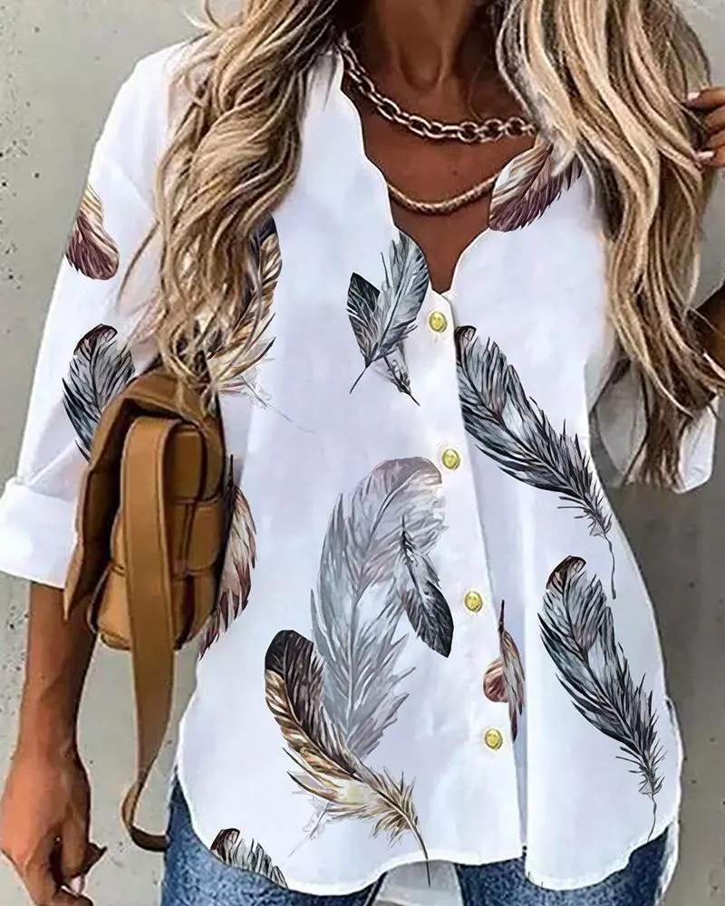 FEATHER PRINT BUTTON DECOR CASUAL TOP