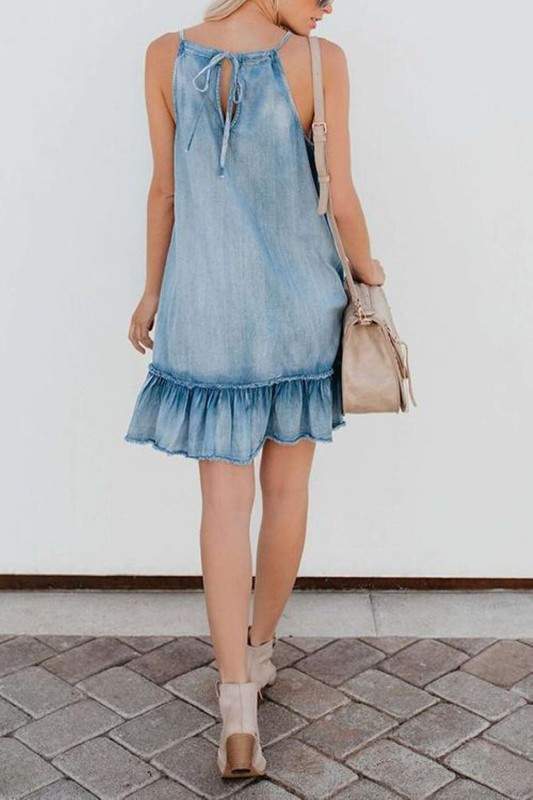 RUFFLE DENIM DRAWSTRING STYLE HALTER DRESS